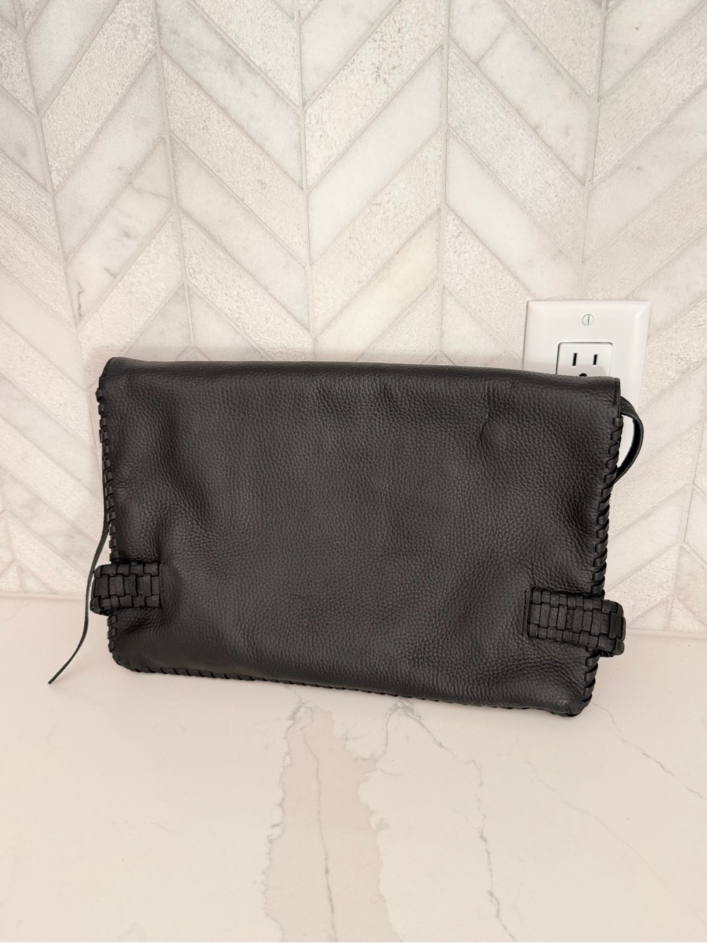 AllSaints Black Pebbled Leather Fold-Over Clutch, Whipstitch Trim